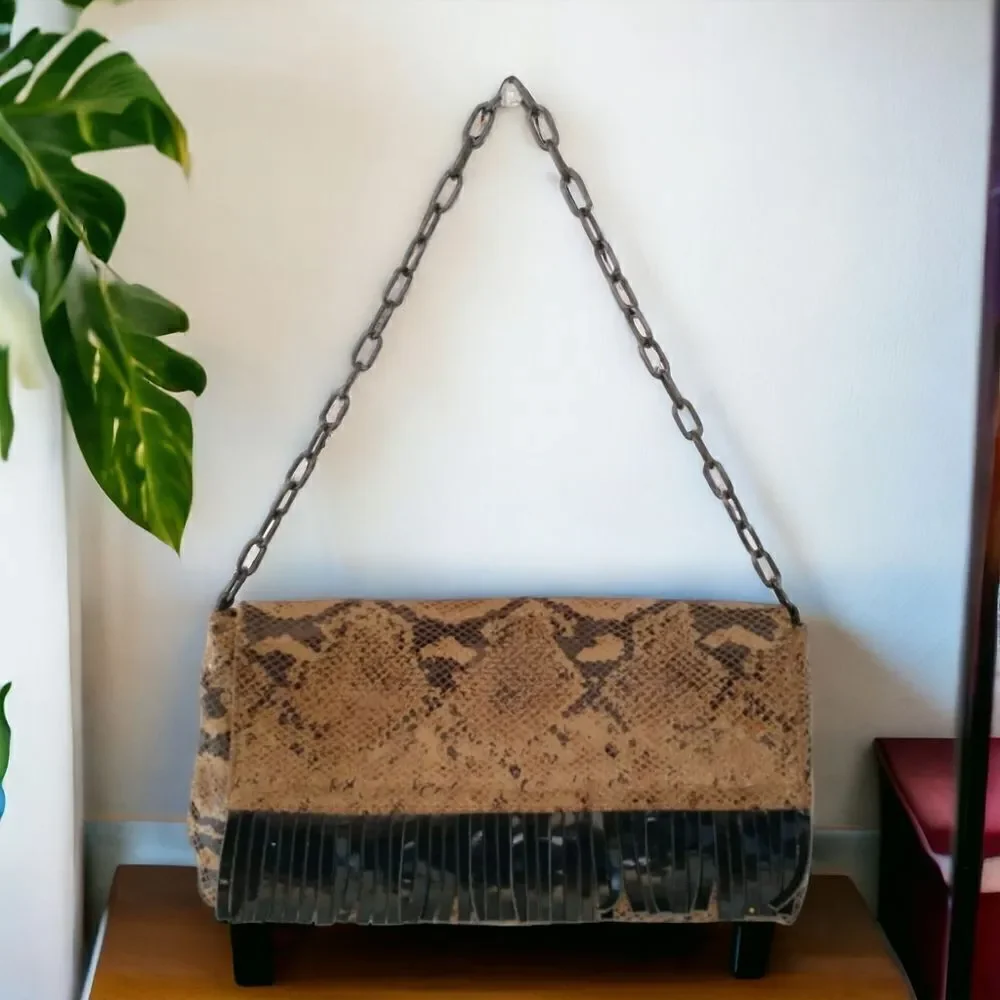 Y2K Animal Print Shoulder Bag Handbag Purse Italy Chain Fringe Leather Biker - Picture 15 of 16